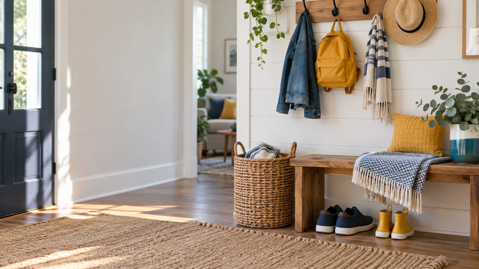 A bright, practical family entryway with hooks, a bench, baskets and shoes